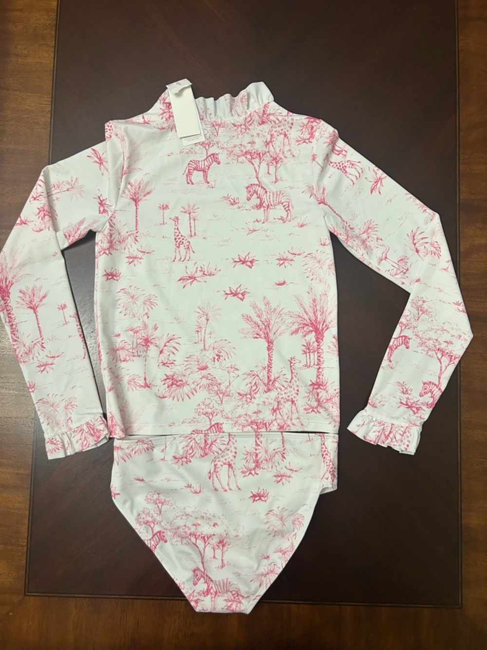 Janie and Jack 2pc Rash Guard Swimsuit size 10 UPF 50+ Pink Zebra Giraffe NWT